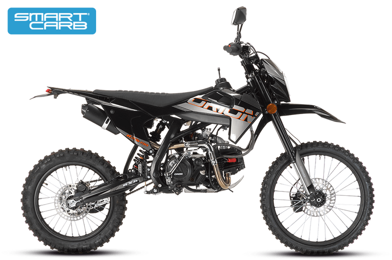 A black and silver Orion RXB190X/L manual dirt bike with a SmartCarb SC3 carburetor.